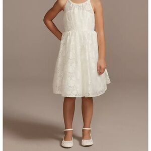 David’s Bridal White Illusion Lace Tie Back Halter Flower Girl Dress, 8